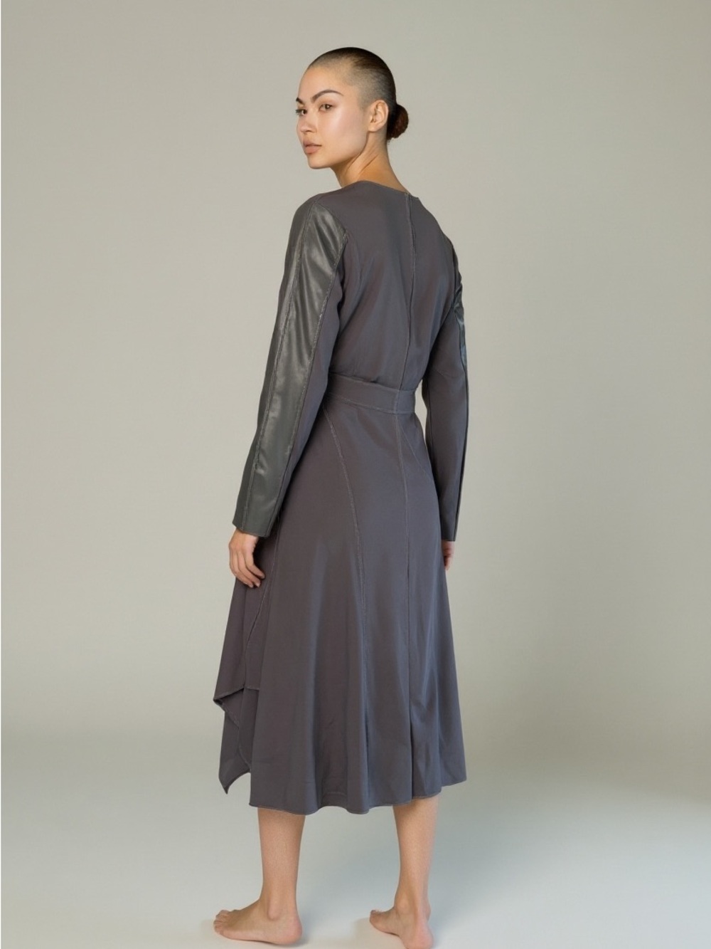 Stella Carakasi Gray Asymmetrical Dress with Faux-Leather Trim XS